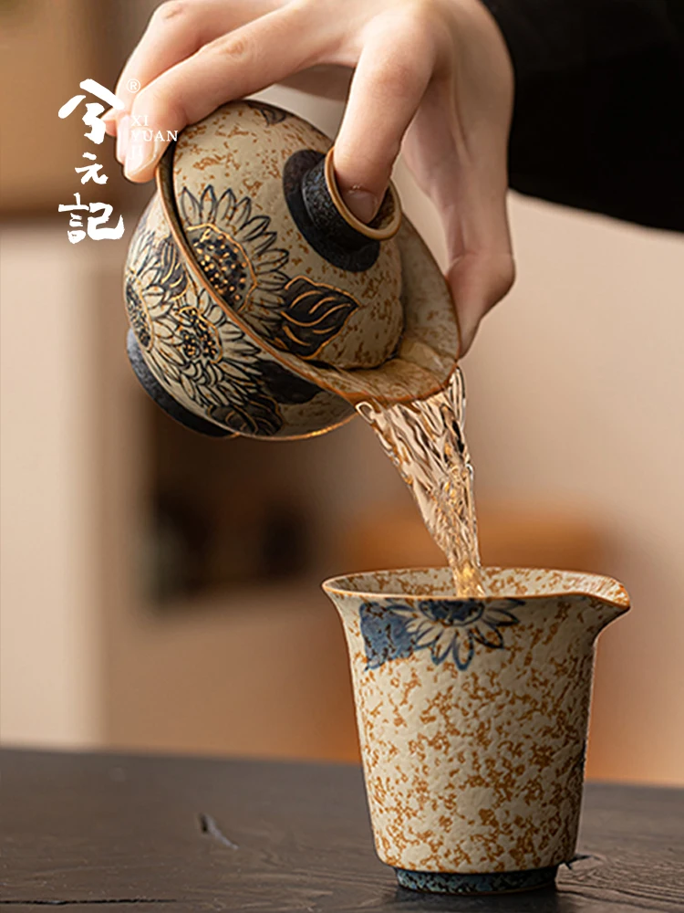 Hand Painted Blue and White Gaiwan Ceramic Cup Household Large Single High-End Ancient Chinese Style Tea Bowl Gift Box with Lid