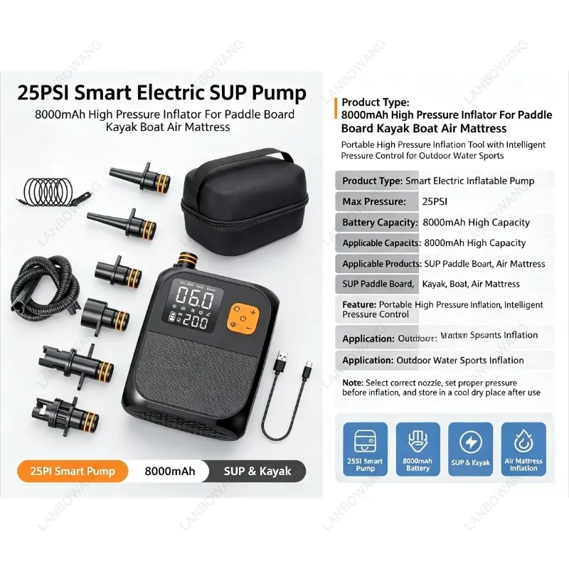 25PSI Smart Electric SUP Pump 8000mAh High Pressure Inflator For Paddle Board Kayak Boat Air Mattress