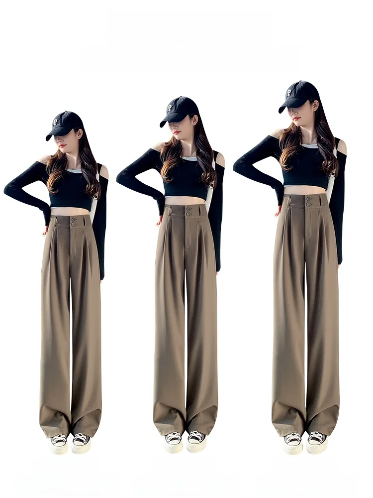 Women's High Waist Wide Leg Straight Cut Pants Double Buckle Slimming Drapey Suit Trousers Casual Pear Shape Spring Autumn