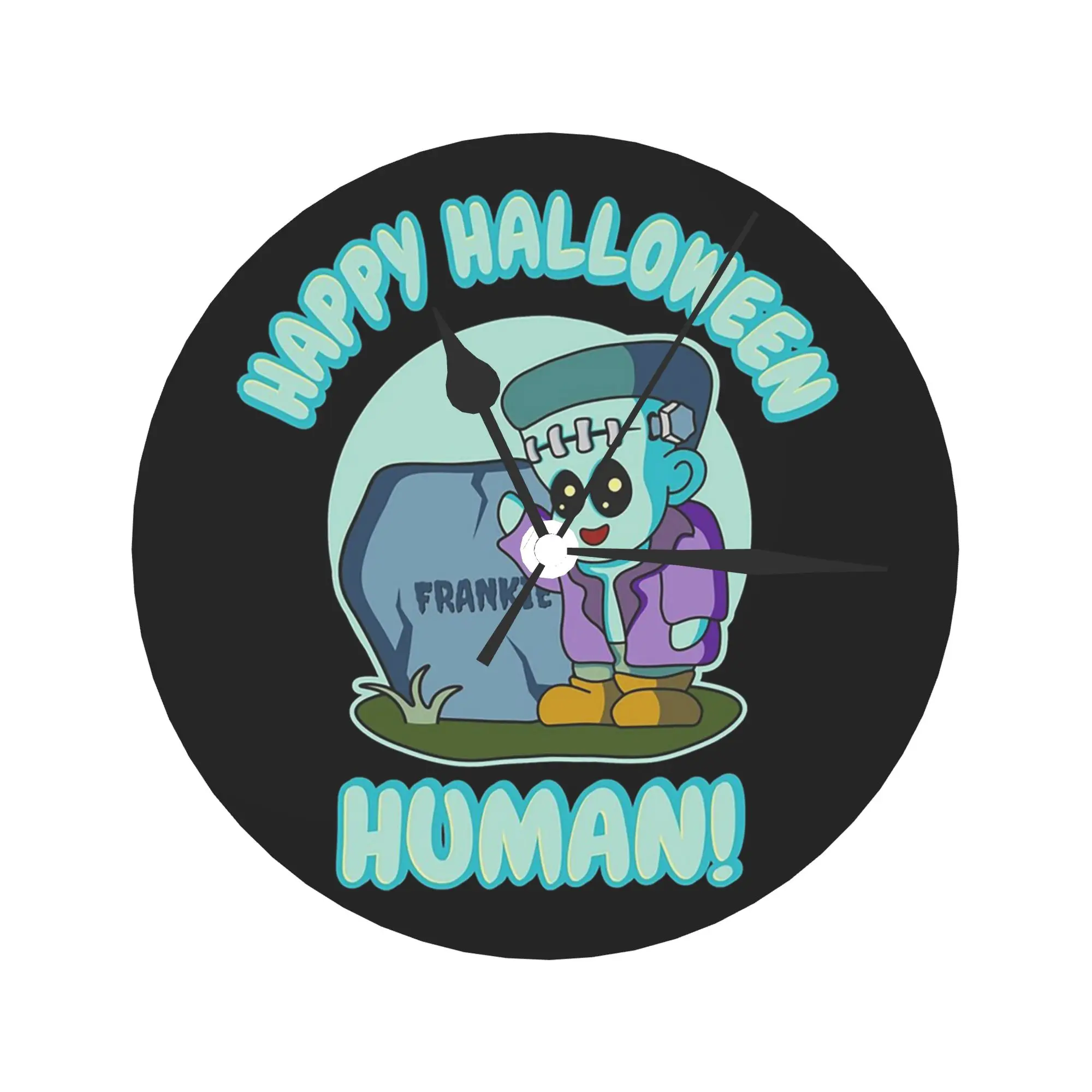 Cute Chibi Frankenstein Happy Halloween Human Wall Clock Room Decoration Silent Round Clock for Bedroom Living Kitchen Home