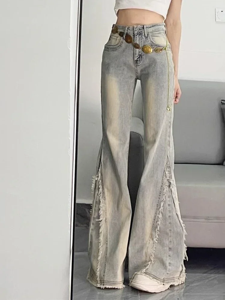 ارتفاع الخصر السراويل الزرقاء خمر النساء الأمريكية الرجعية 90s المواد الخام حافة تصميم Y2k الدنيم السراويل الشارع الشهير واسعة الساق السراويل