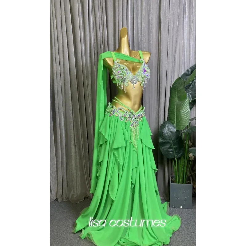 Customized Green Belly Dance Costume Oriental Dance Clothing Women Bra Skirt Belt Performance Dress