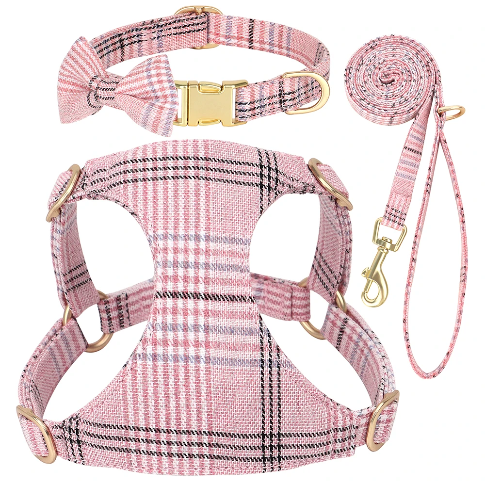 Nylon Dog Collar Harness Leash Set Adjustable Puppy Dogs Harnesses Vest Cute Bowknot Pet Collars With Lead for Small Medium Dogs