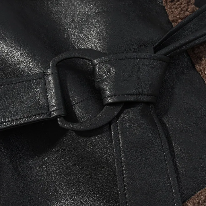 Leather and Fur Plush Coat Black Short Notched Collar Furry Jacket Fluffy Faux Lamb Casual Faux Fur Jacket Stylish Street Luxury