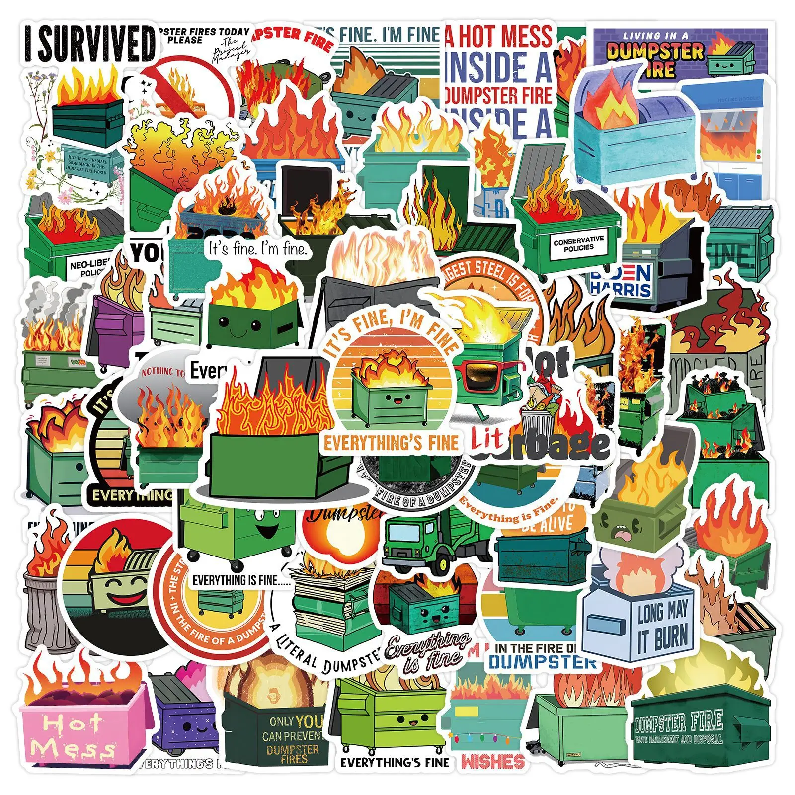 

10/60PCS Dumpster fire Attention to Fire Cartoon Graffiti Decorative Laptop Suitcase Skateboard Waterproof Sticker Kids Toy