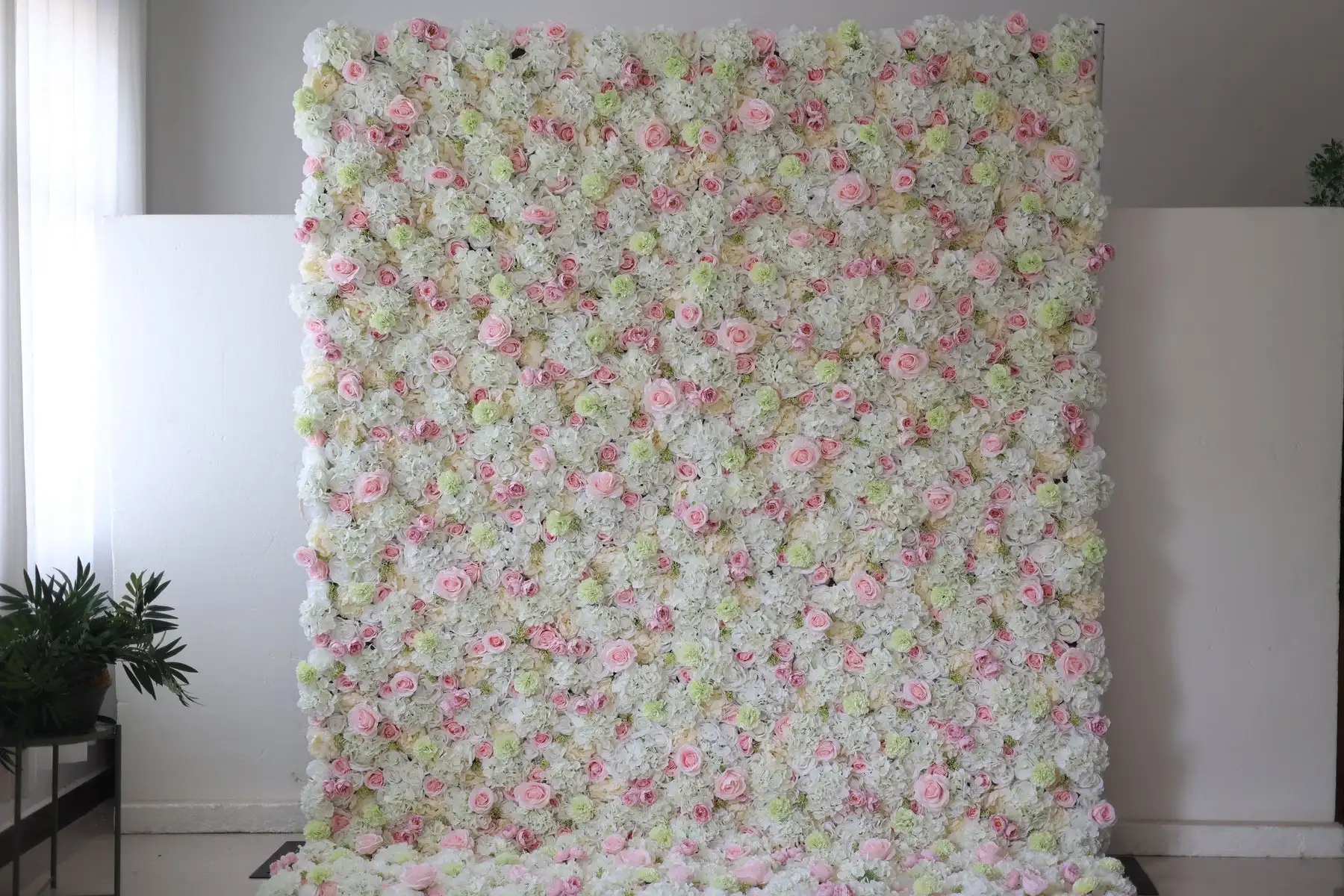 

3D White green belt pink Champagne Rose flowers wall Roll Up Cloth Base Flower Wall Outdoor Wedding Backdrop Floral Party Event