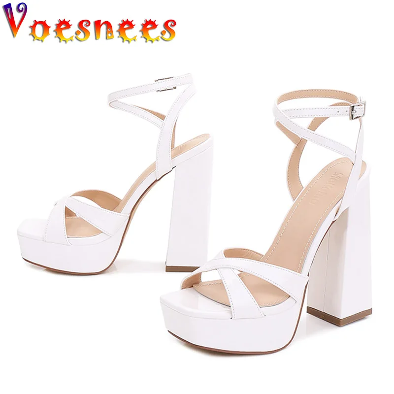 Women\'s High Heel Cross Belt Sandals Pink Platform Square Heels Wedding Shoes 2022 Woman Summer Shopping Everyday Shoe Sandalias