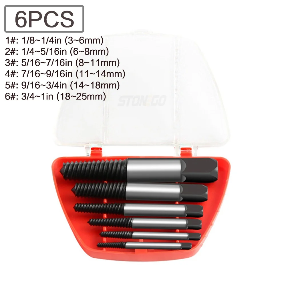 STONEGO 5 or 6 Piece Carbon Steel Screw Extractor Set - Double-Sided Bits for Broken or Damaged Screws