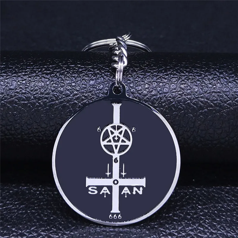 2022 Satan Pours the Cross Pentagram Stainless Steel Keychain Men Silver Color Key Chain Jewelry llaveros para hombre K7508S03