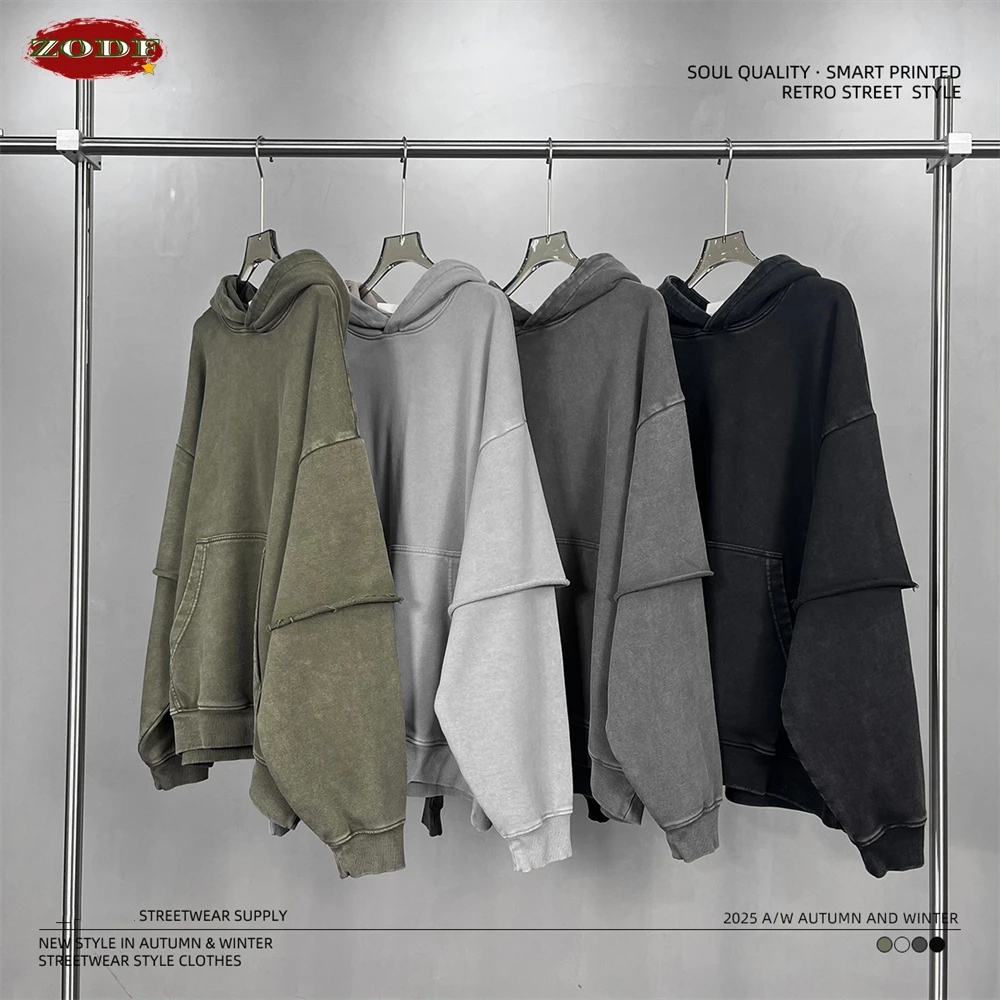 

ZODF New Autumn Men's Washed Heavy Weight Cotton Hoodies Unisex Retro Fake 2 Peice 430gsm Loose Edge Hooded Pullovers HY1082