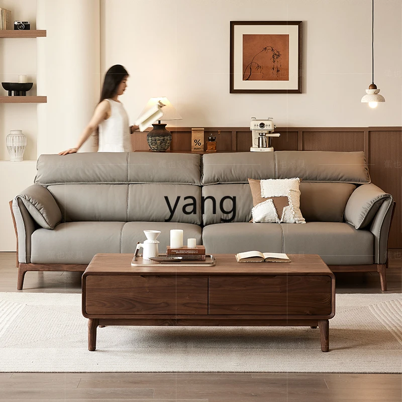 

tgf Solid Wood Genuine Leather Sofa Simple European Style Black Walnut Living Room Straight Four-Seater Sofa