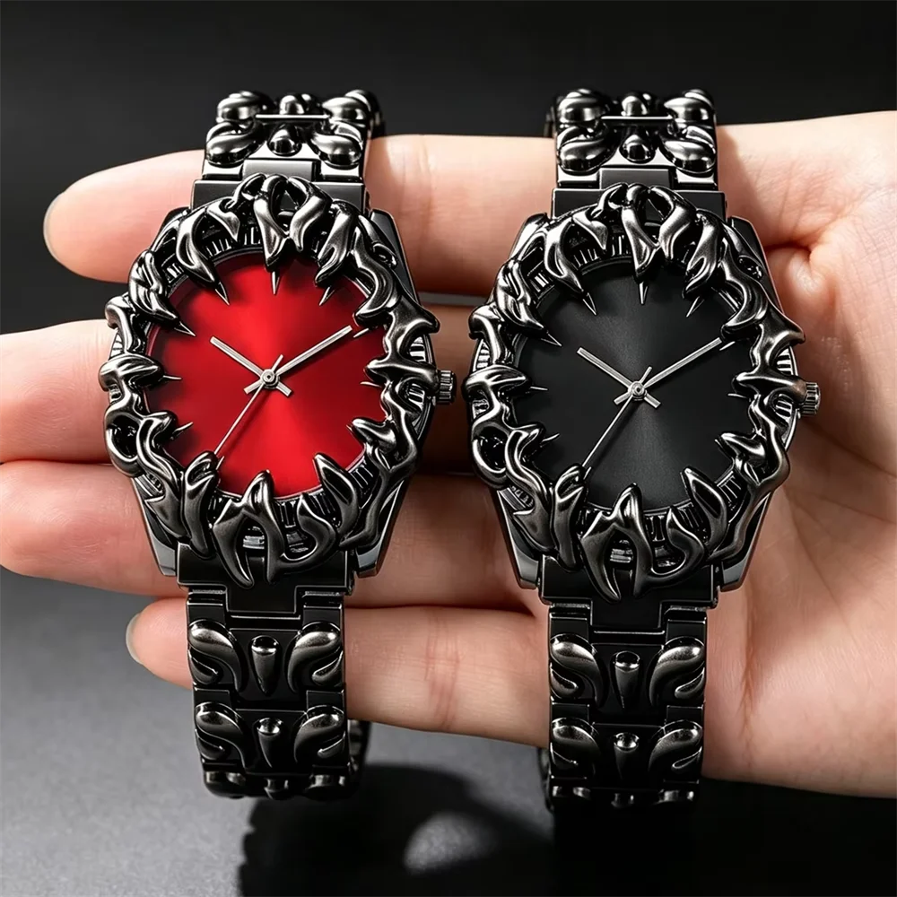 Vintage Punk Flame Bezel Quartz Watch Men Women Matte Black Steel Band Analog Wristwatch Street Fashion Matching Couple Watches