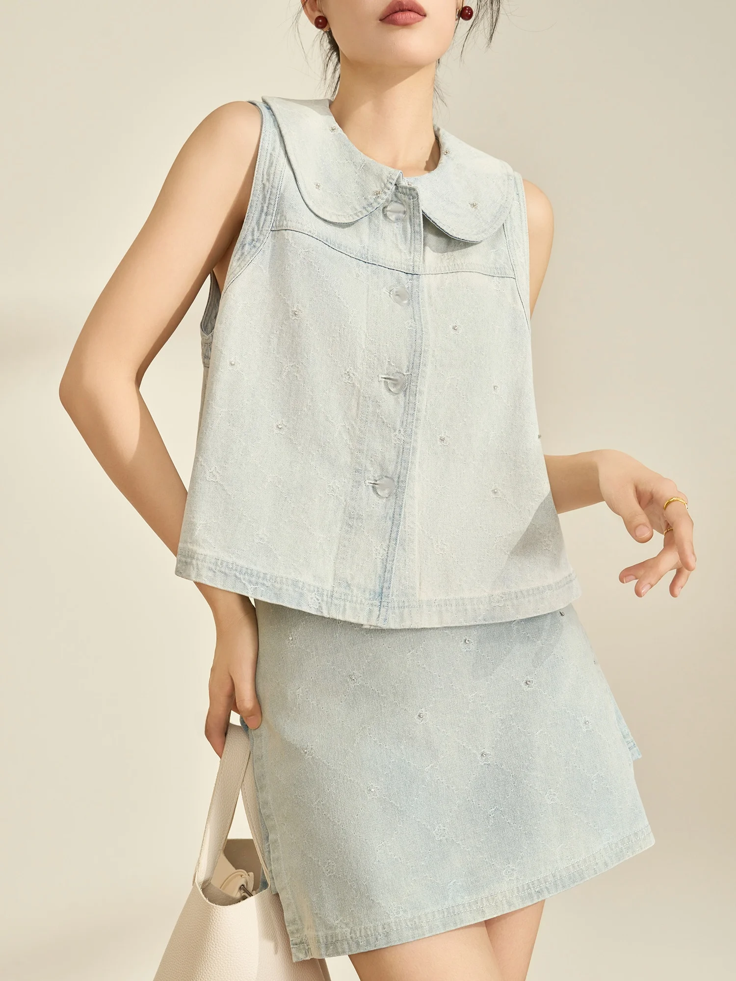 

Синий джинсовый комплект: топ без рукавов с воротником-куклой и юбка, женская модная весенняя одежда в стиле «Маленький аромат», повседневный наряд