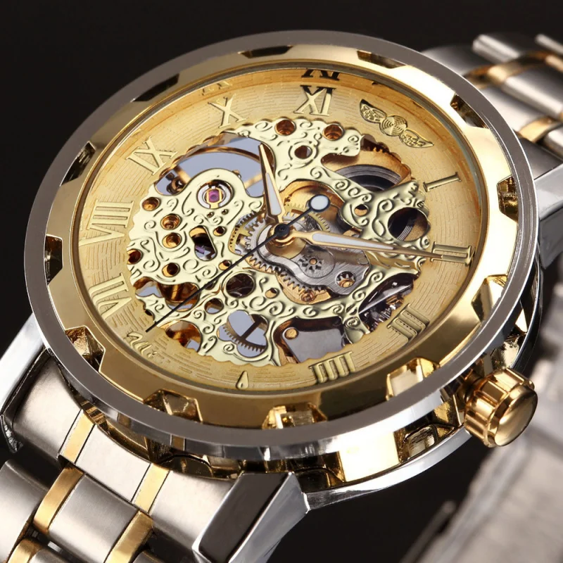 Official brand free shipping Men's Fashion Business Casual Hollow Room Gold Watchband Manual Mechanical Watch