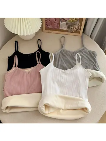 Women Winter Warm Underwear Solid Color Thermal Casual Nightwear Sexy Elasticity Female Thin Velvet T-shirt Sleeveless Tops