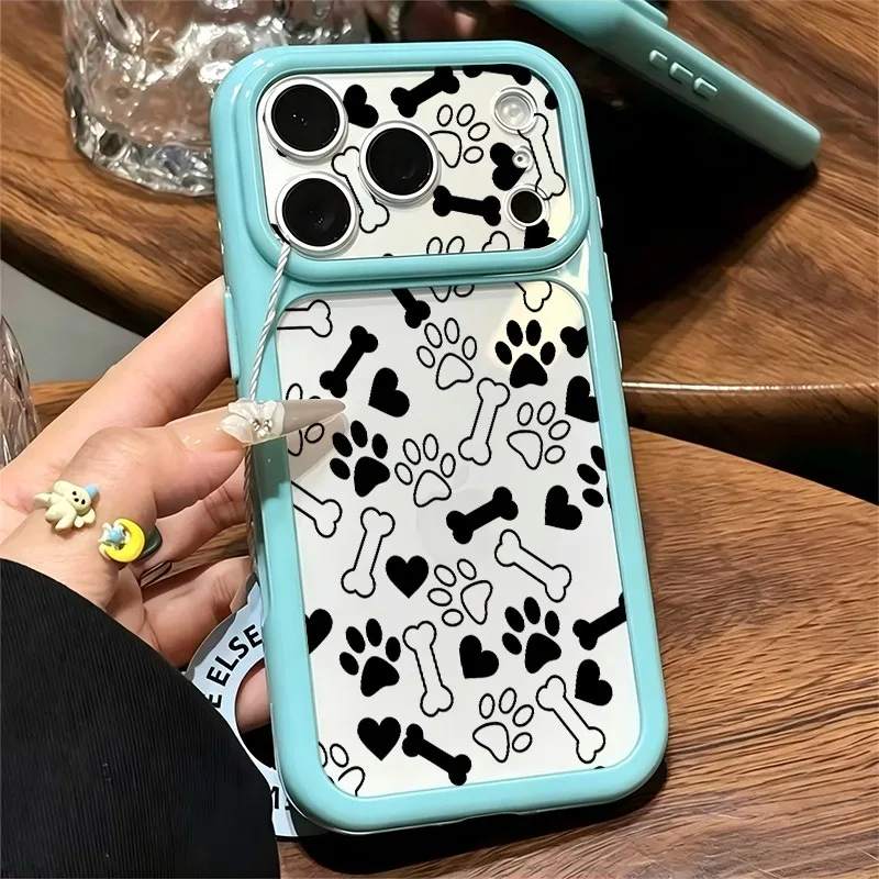 Black White Paw Bone Heart Seamless Print Phone Case, Large Window Soft TPU Shockproof Cover For iPhone