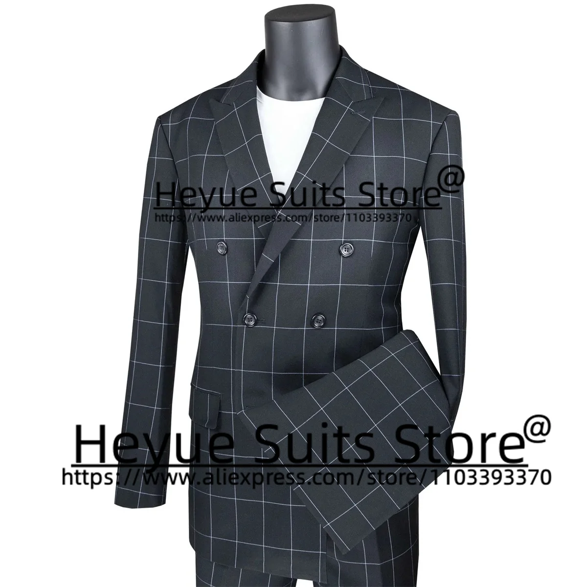 Business Blue Plaid Double-breasted Men Suits Slim Fit Notched Lapel Groom Formal Tuxedos 2 Pieces Sets High Qublity Male Blazer