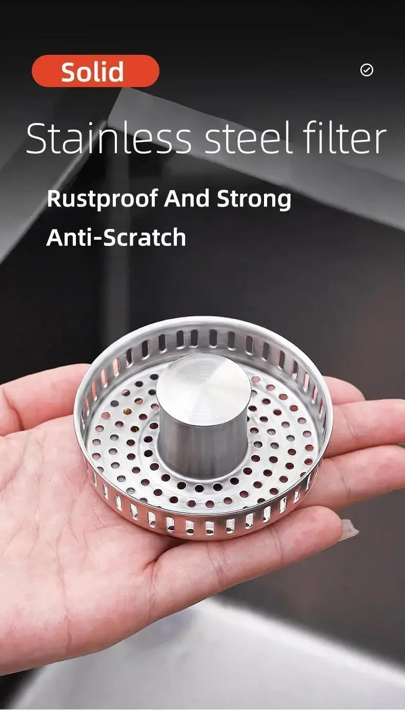 Stainless Steel Kitchen Sink Strainer - Pop-Up Stopper with Anti-Clogging Basket and Odor Filter, Easy Clean Drain Strain