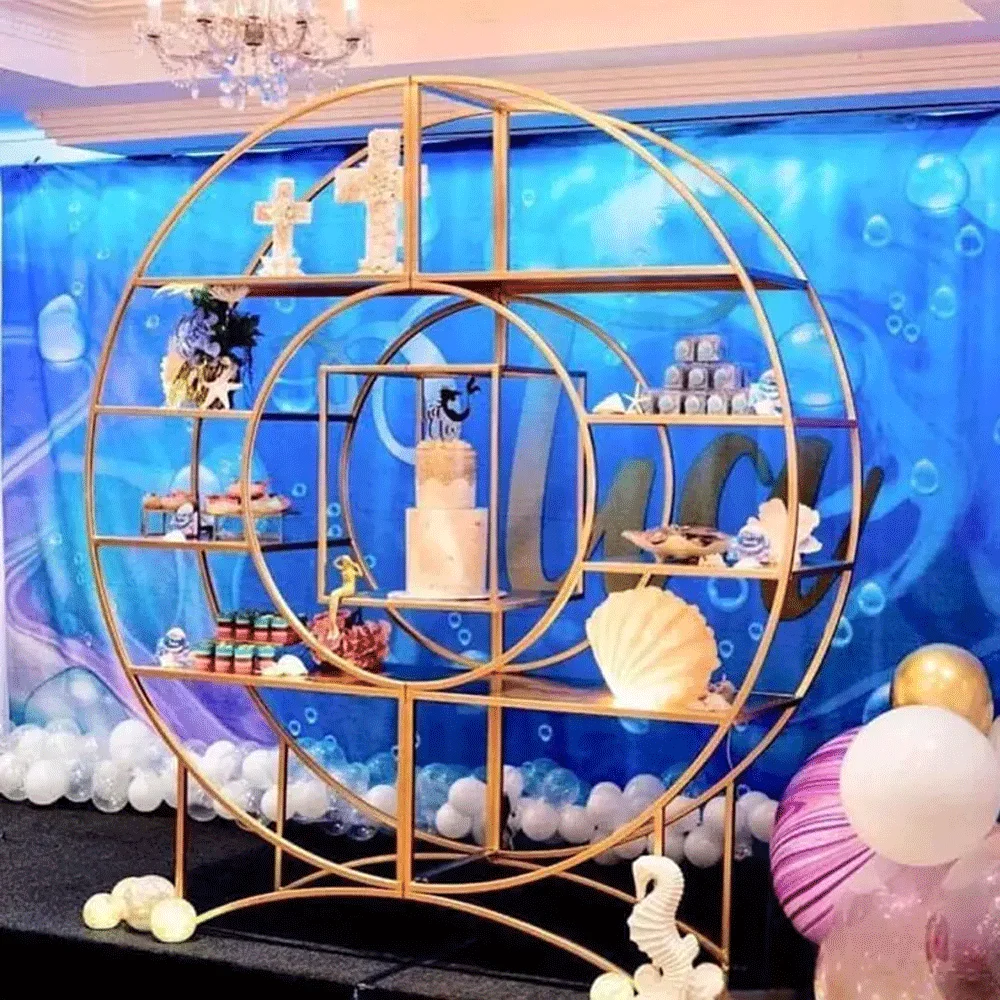 customized design wholesale glass top round wedding party cake food back metal gold stainless steel wine shelf rack