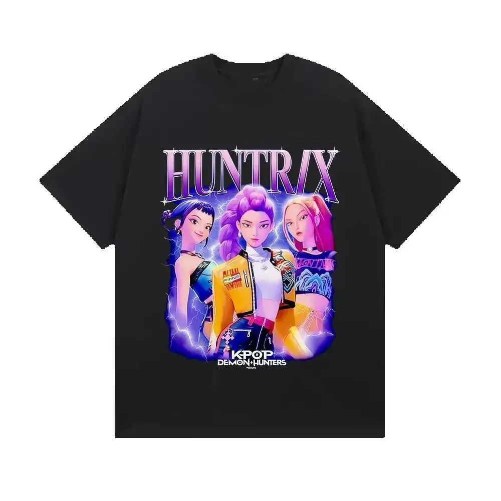 Huntrix Kpop شيطان الصيادين فيلم 2025 الرسومات تي شيرت الرجال النساء جودة عالية موضة المتضخم القطن تي شيرت Harajuku القمم