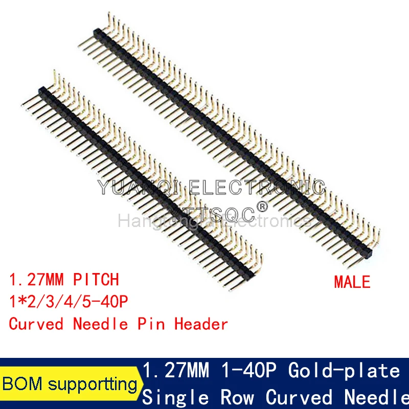 싱글 더블 로우 직각 수컷 핀 헤더, 1.27mm RA 핀 헤더, 0.05 인치 PCB 분리형 골든 플레이트, 2, 3, 4, 5, 6, 7, 8, 9, 10, 25, 40, 50P