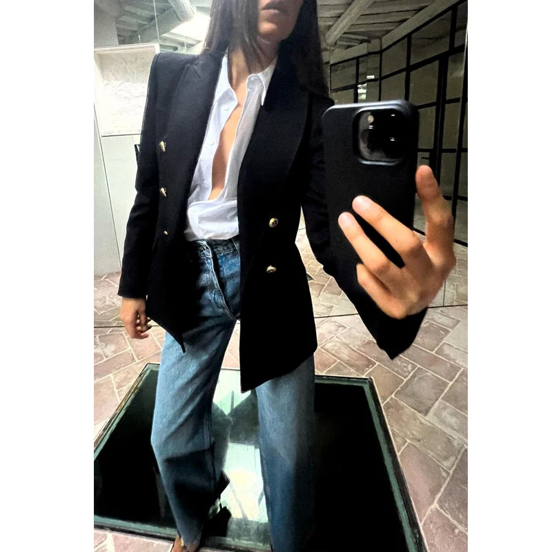 Nuovo Autunno Inverno delle Donne Pendolari Sle Lungo Sve oulder Pad Doppio Bottone Vestito Jaet Colletto Flip Slim Fit Cinese Made