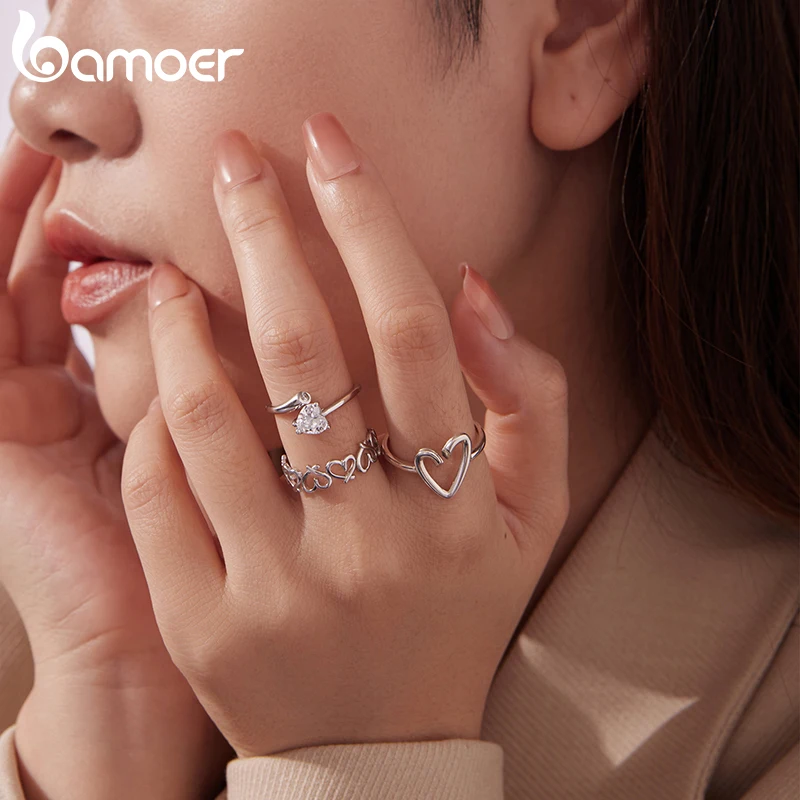 Bamoer 925 Sterling Silver Connected Heart Open Ring Minimalist Lines Adjustable Ring for Women Teens Valentine's Party Gift