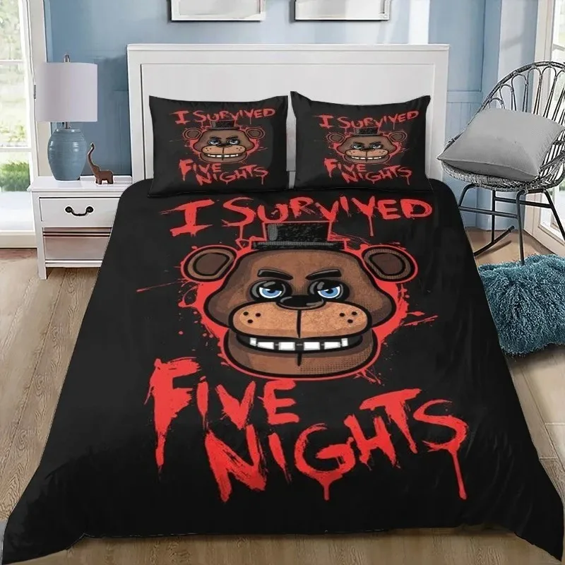 FNAF Freddy Bear Cartoon Print Bedding Set 2/3Pcs Duvet Cover Pillowcases Star Confetti Bedroom Home Bedding No Filler