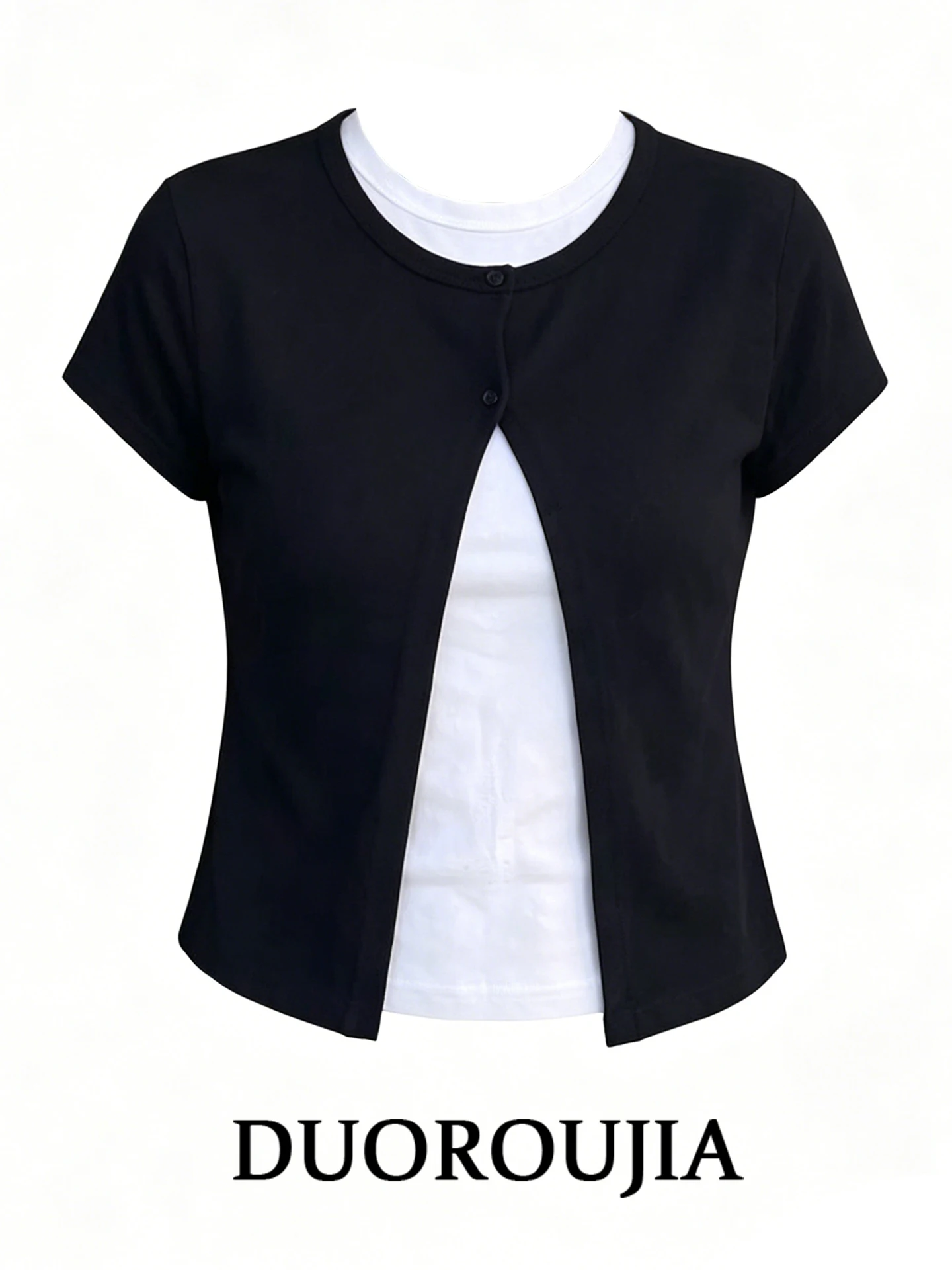

Duor plus Size Korean Style round Neck Short Sleeve T-Shirt Casual Color Block Slimming Top Fake Two-Piece Open Cardigan for ...