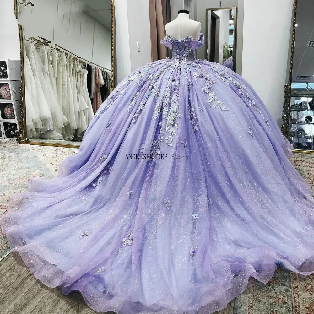 ANGELSBRIDEP Glitter Lilac Ball Gown Quinceanera Dresses Crystal 3D Appliques Floral Lace Mexican Graduation Gowns Customized