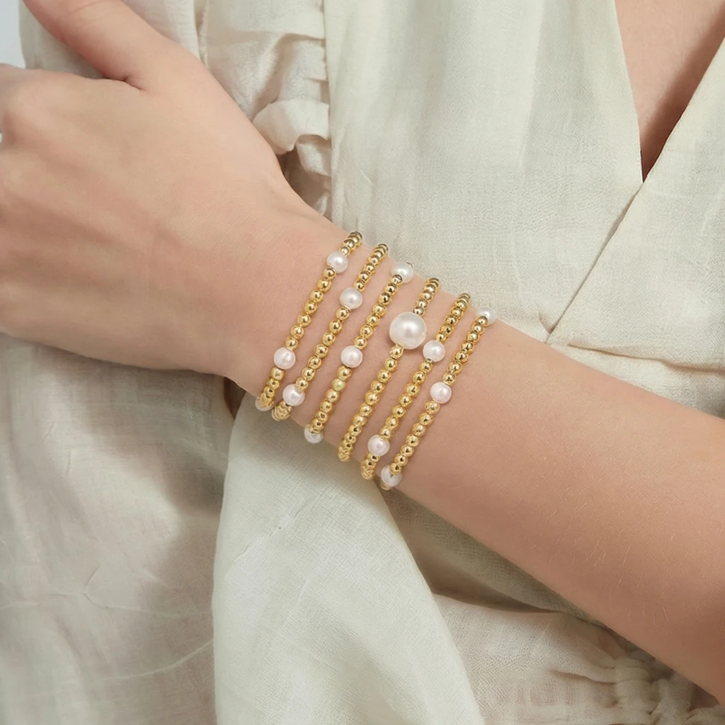 

Набор из 6 медных браслетов в богемном стиле с бусинами, золотистого цвета, с искусственным жемчугом, на резинке, для женщин