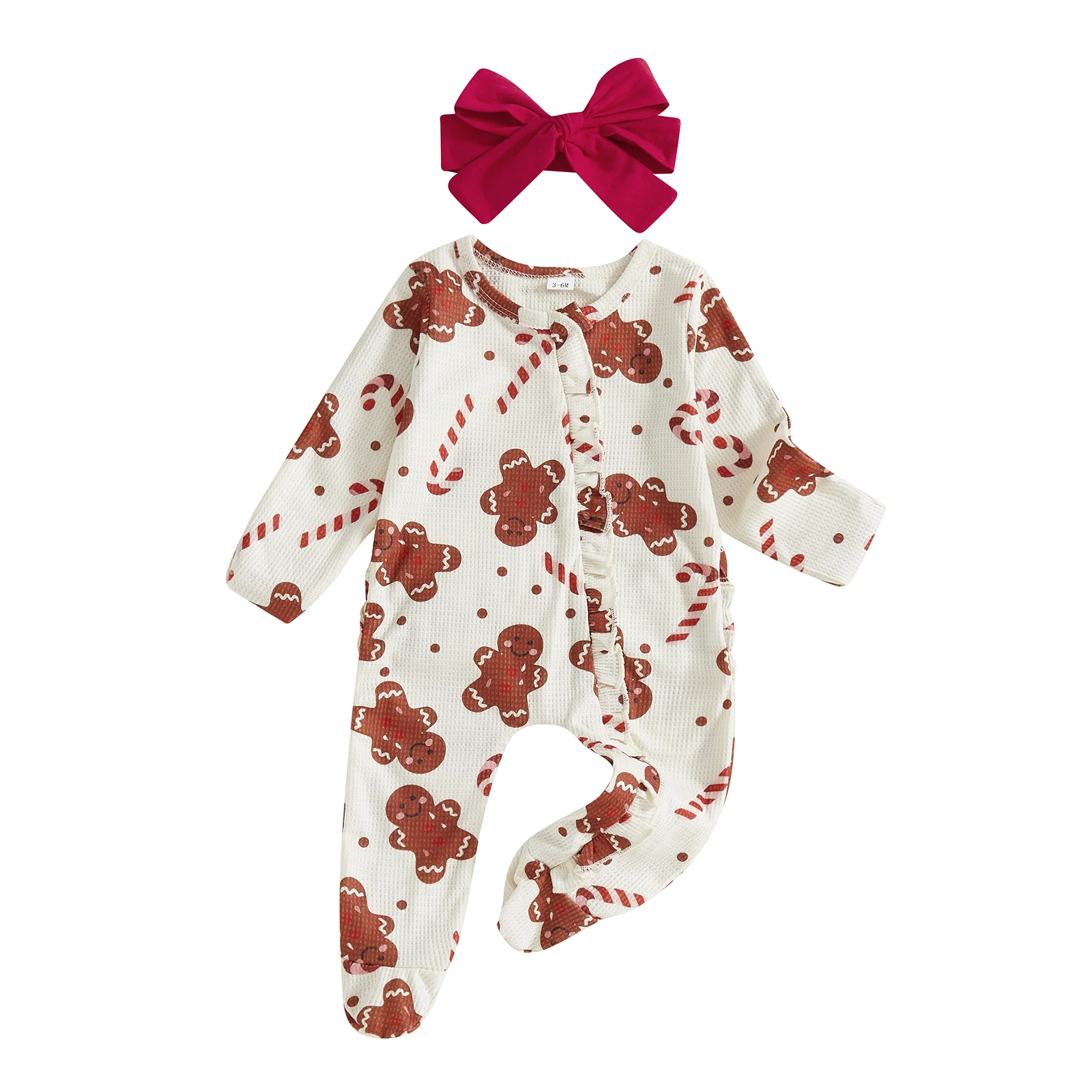 

Рождественский комбинезон для новорожденных девочек с принтом пряничного человечка, комбинезон на молнии с длинными рукавами и повязкой на голову
