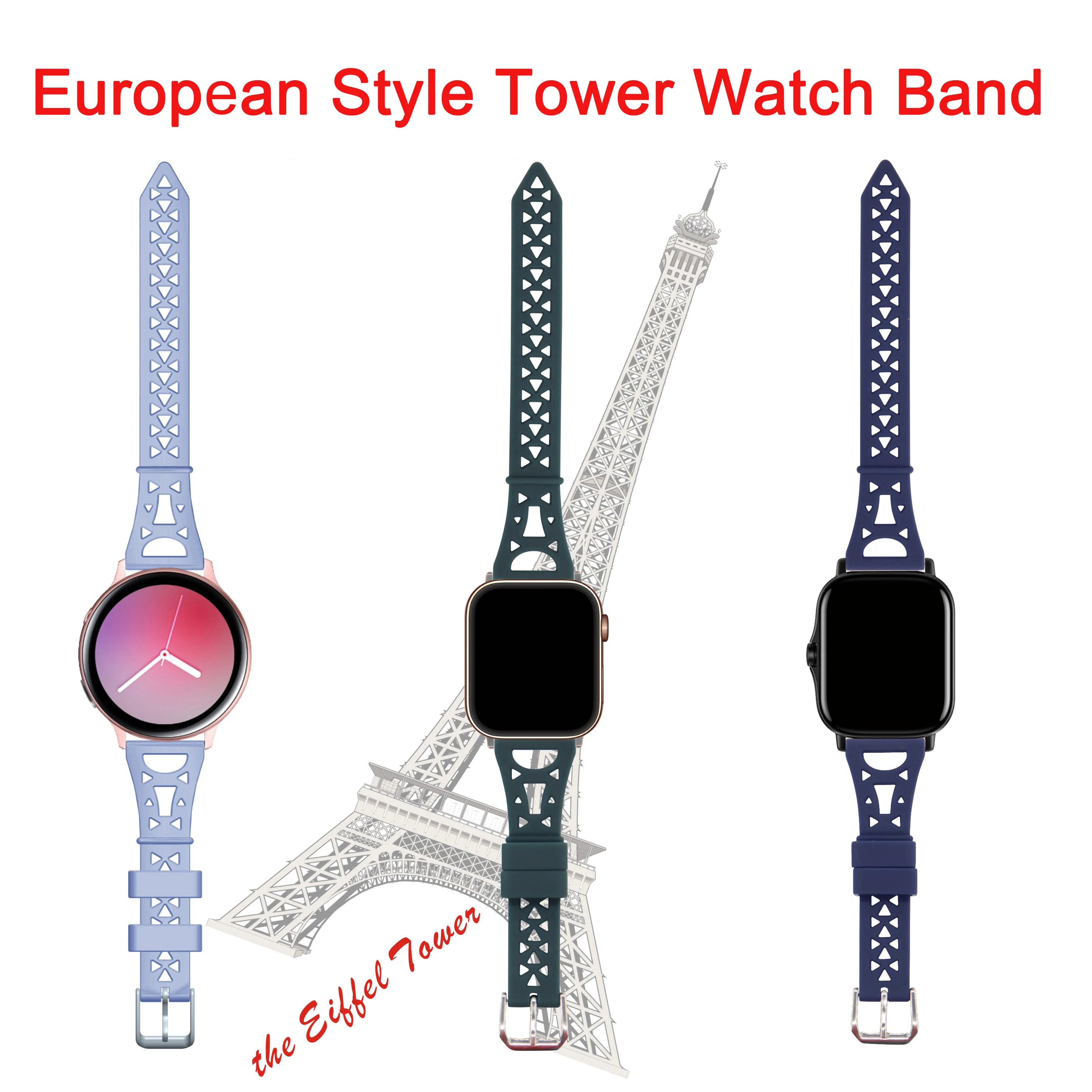 20mm 22mm Universal Watch Bands For Smart Watch Tower Style Stainless Steel Buckle Quick Release Breathable Soft Silicone Strap