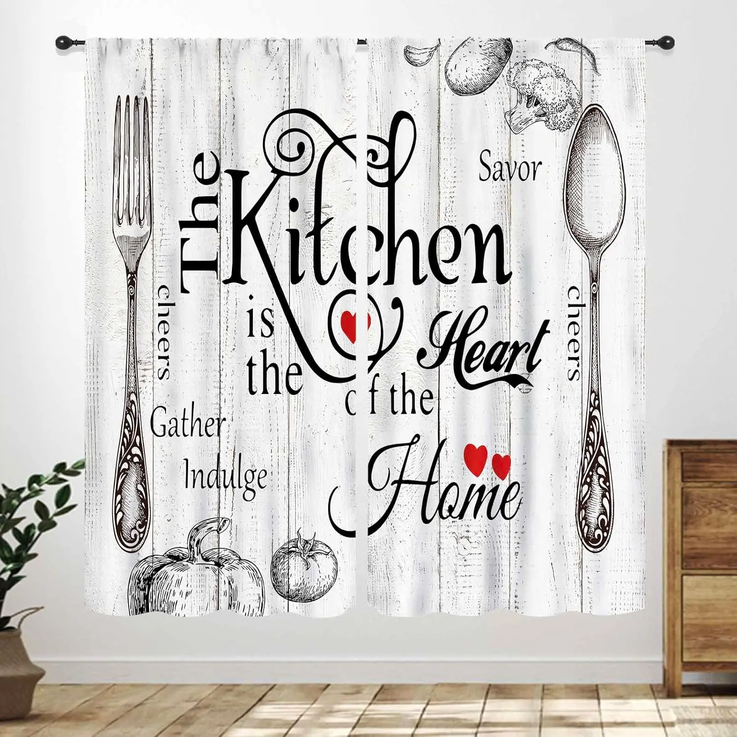 Rustic Kitchen Curtains,Retro Fork Spoon Wooden Plank Farmhouse Country Cooking Theme Funny Quotes Window Treatment for Bedroom