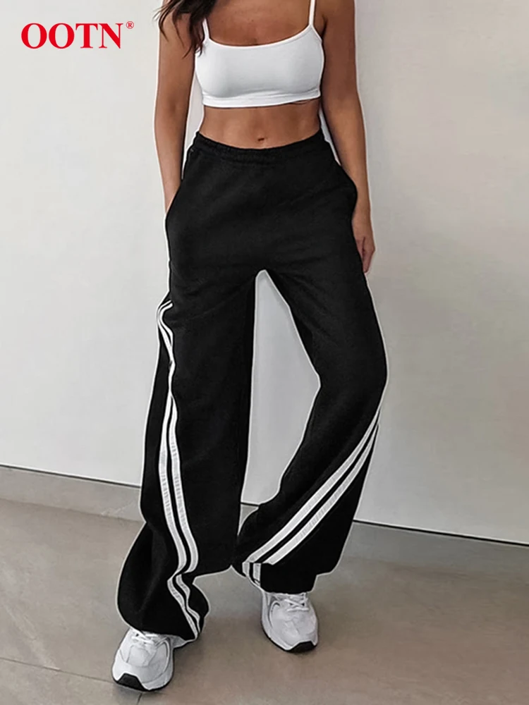 OOTN Fashion Black Long Pants Women 2024 Sports Patchwork Elastic Knitted Trousers Autumn Pockets Low Rise Waist Pants Female