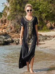 2024 Oversize Embroidery V-neck Short Sleeve Summer Beach Dress Tunic Women Beachwear Batwing Sleeve Long Dresses Q790