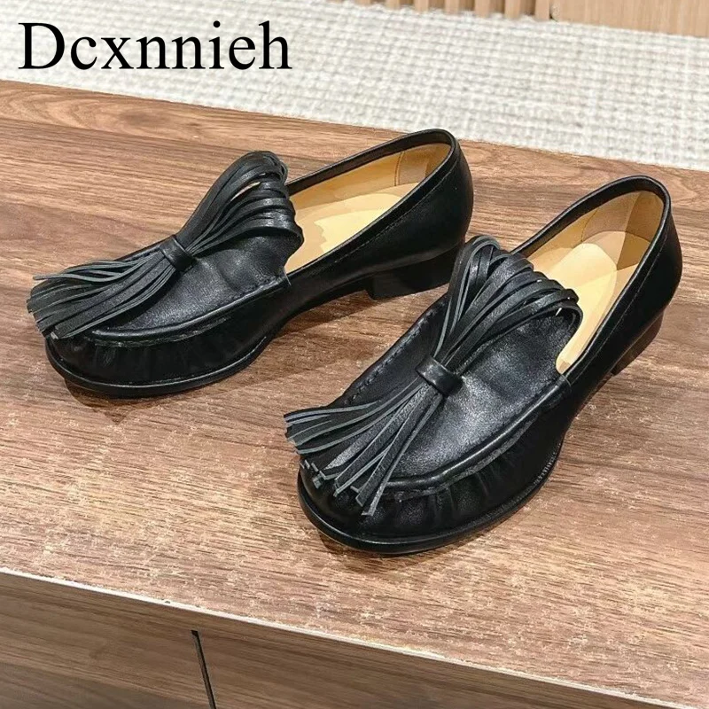 

Women's Tassel Decor Pea Shoes Cow Suede Shallow Mouth Flat Loafer Spring Autumn Solid Color Doudou Shoes Office Shoes mules