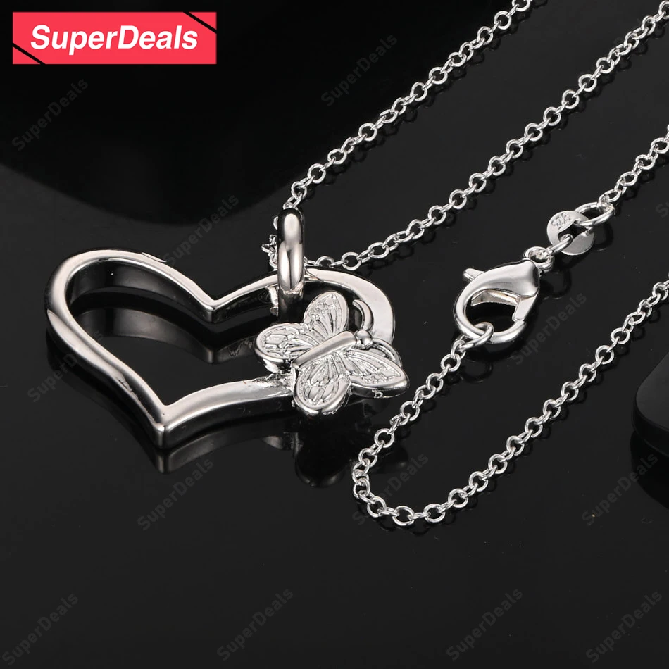 

SuperDeals 16-30 Inch 925 Sterling Silver Couple Heart Pendant Necklace For Women Engagement Party Sweet Romantic Jewelry