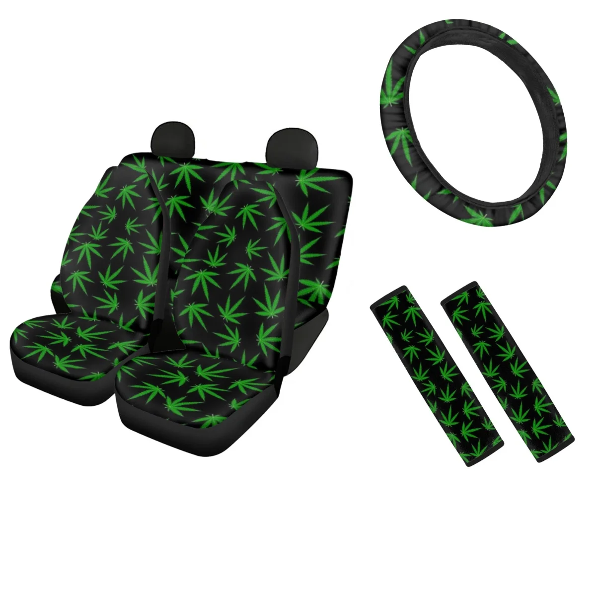

Green Leaf Car Interior Seat Covers Universal Easy to Install Seat Belt Pads Fit Most of Sedan Breathable Steering Wheel Cover