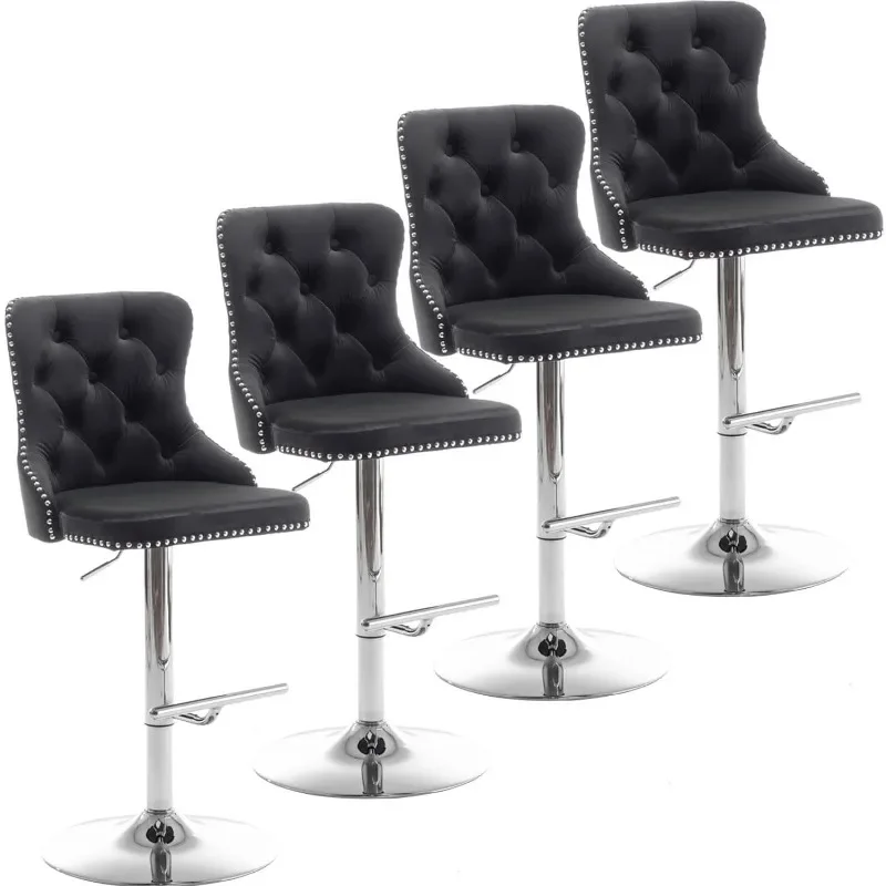 Velvet Bar Stools Set Of 4, Swivel Counter Height Bar Stools With Nailheads Trim And Button