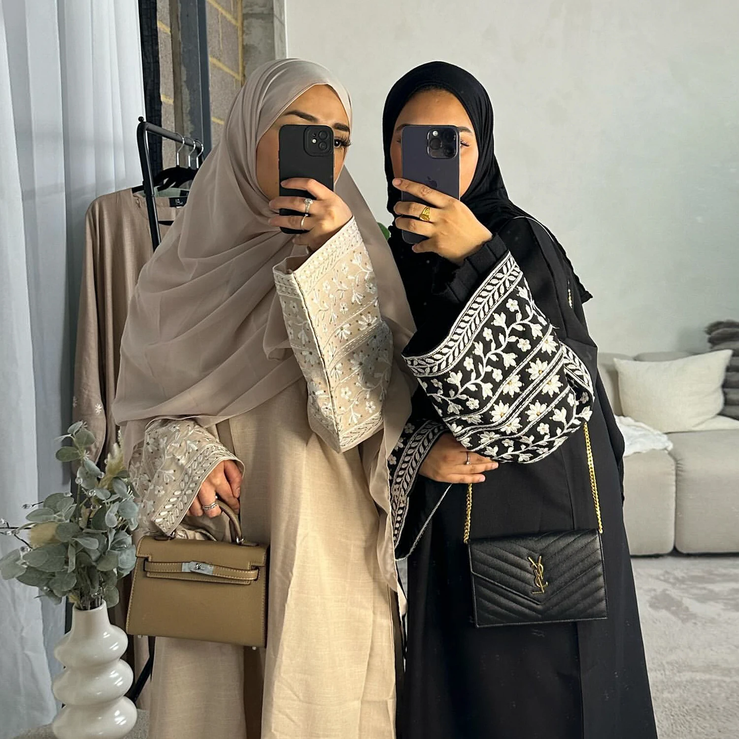 Elegant Women\'s Open Linen Abayas Embroidery Arabic Turkey Dubai Cardigan Kimono Abaya Black Grey Beige Female LR784