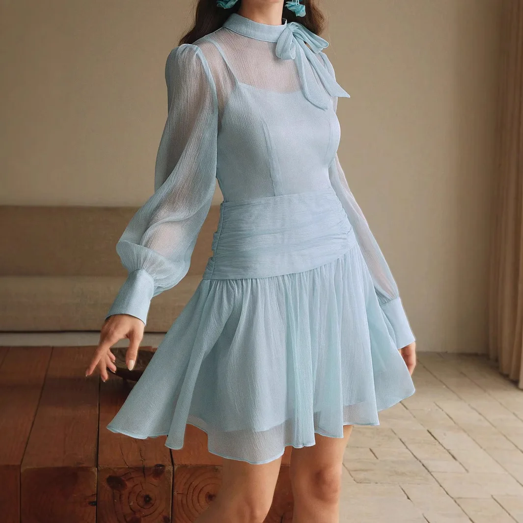

Zh-24016 Fashion Women's New 2025 Spring/summer Elegant Mesh High-waist Dress Vintage 2025 Summer Dress Robe Vestido Women Party