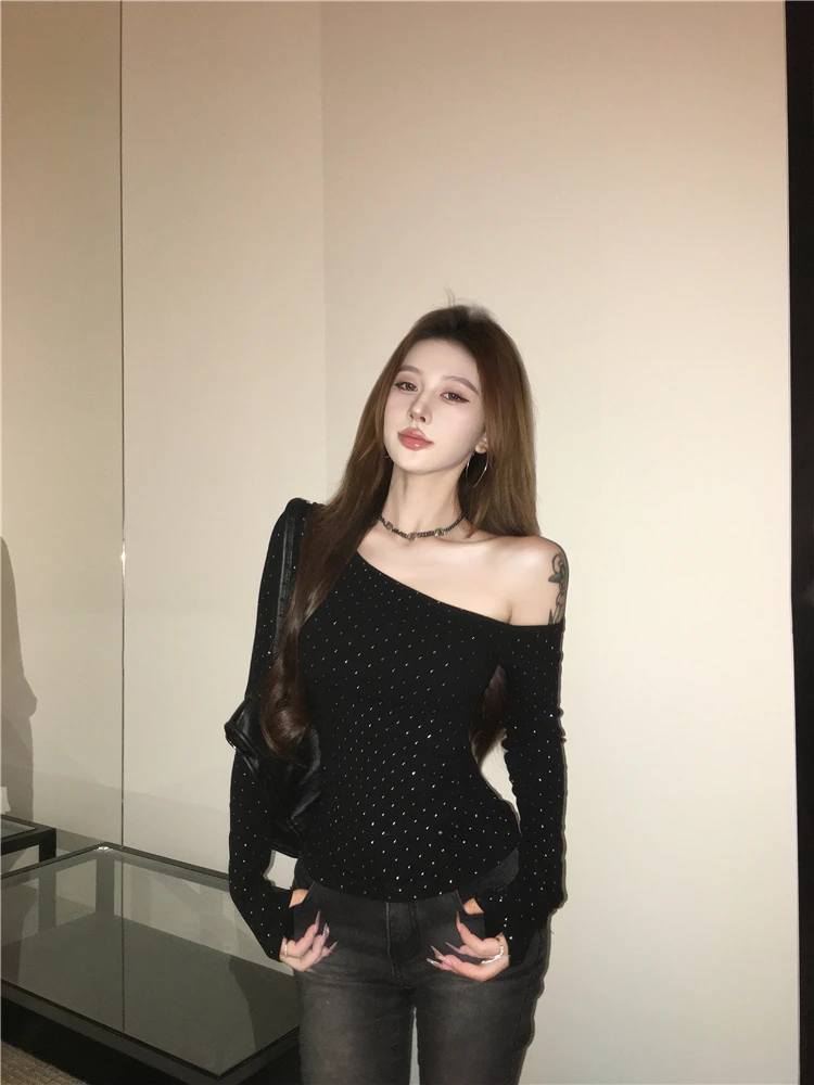 Sexy americano sle longo sve bla oulder camiseta feminina início do outono fino ajuste ort sle oulder bared topo