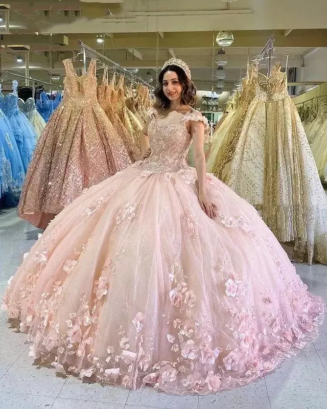 Розовое бальное платье с v-образным вырезом, платья Quinceanera для 15, вечерние, вечерние, с 3D цветочным кружевом, платья принцессы на день рождения по индивидуальному заказу