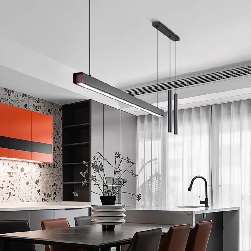 Modern Nordic Led Chandelier Double Head Pendant Light Dining Room Hanging Lamp Pipe Decor Cylinder Pipe Line Black Pendant Lamp