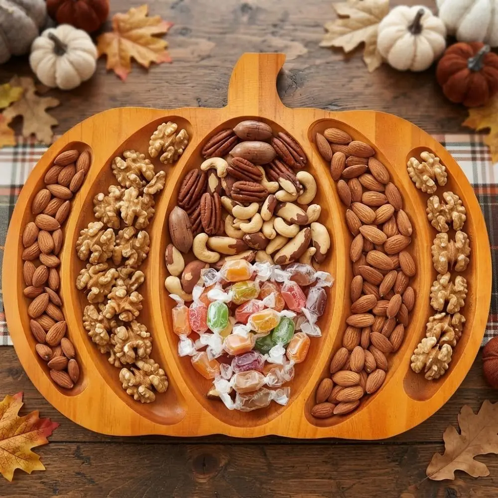 Wooden Halloween Pumpkin Snack Tray with Compartment Sturdy Snack Serving Plate Drop-resistant 5 Grid Charcuterie Board Parties
