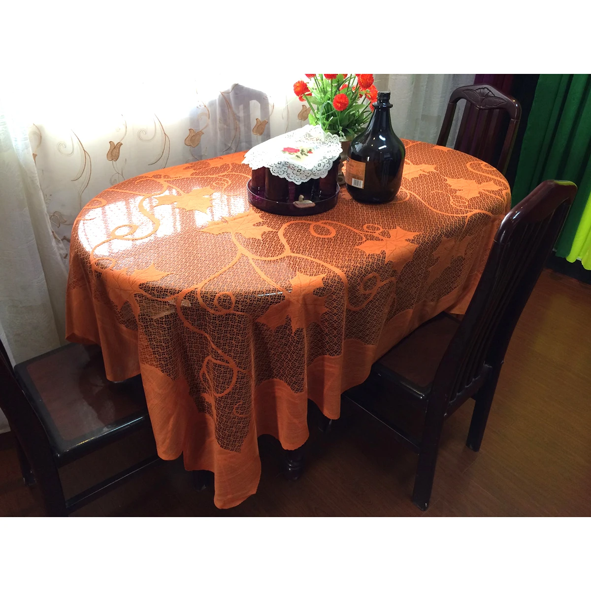 

Autumn Maple Leaves Pumpkin Tablecloth 152x213cm Lace Design Halloween Party Thanksgiving Day Table Cover Orange