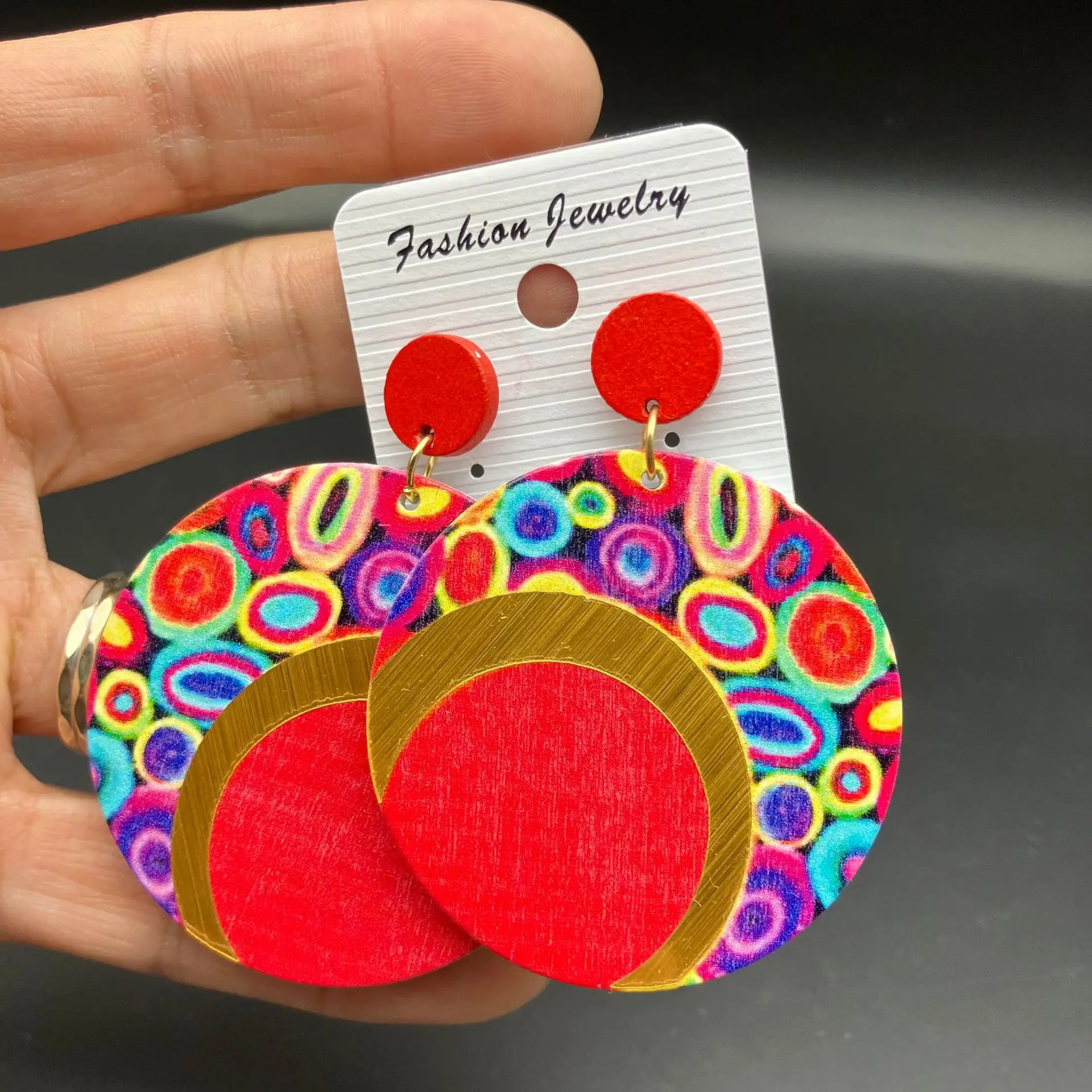 New Bohemian Earrings Wooden Color Contrast Printing Round Color Large Earrings Vintage Ethnic Style Ear Rings Gift Wholesale