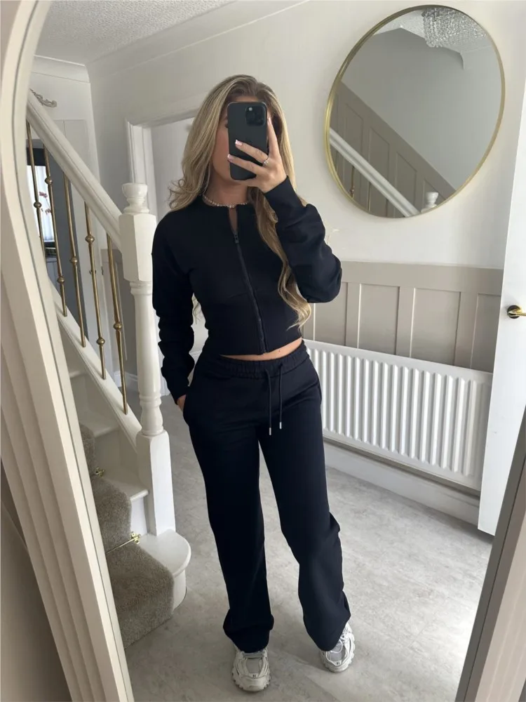 Women's Fashion New Solid Zipper Cardigan Sweatshirts Two Piece Sets Autumn Winter Casual O Neck Lace Up Straight Pants Suit