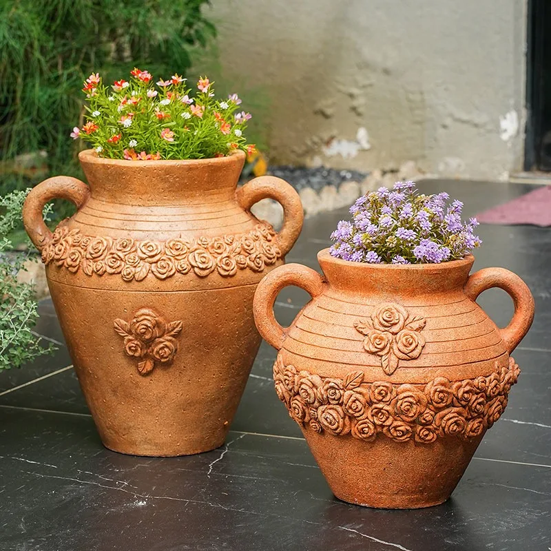 Chinese retro rose pot creative pattern binaural vase imitation pottery flower ware outdoor garden ornament garden decoration